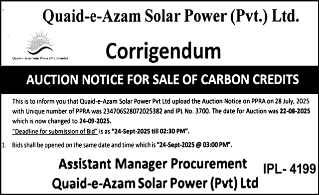 Quaid-e-Azam Solar Power Private Limited Tender Notice